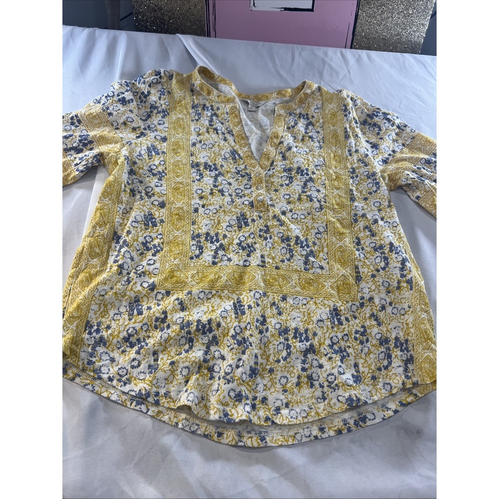 Lucky Brand‎ Cotton Printed Henley Top  Medium Lemon456
